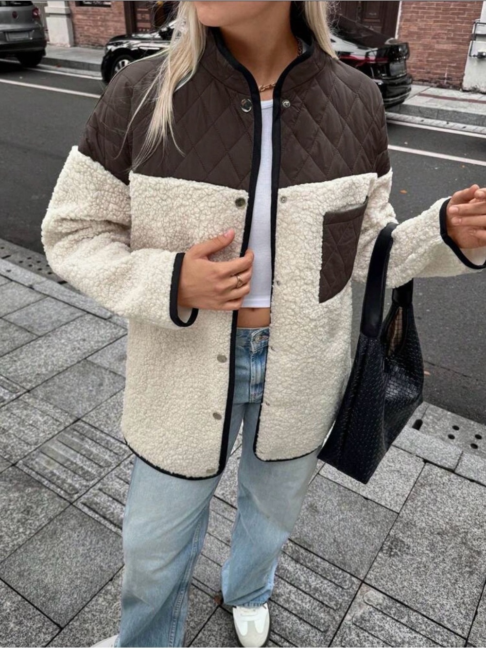 NEW WOMENS SHEIN UNITY QUILTED BROWN CREAM SHERPA BUTTON FRONT JACKET SZ L 8/10